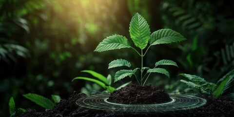 Poster - A vibrant green plant sprouts from rich soil, surrounded by lush greenery, illuminated by soft sunlight, symbolizing growth and nature.