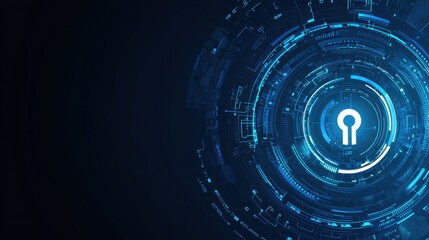 Fototapete - Futuristic digital security concept with glowing lock symbol surrounded by abstract technology patterns and data visualization elements in blue tones