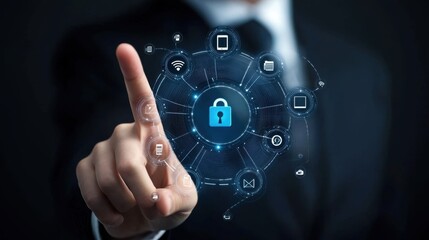 Poster - Businessman Touching Digital Lock Symbol Ensuring Cybersecurity in Modern Technology Landscape with Icons for Devices and Communication