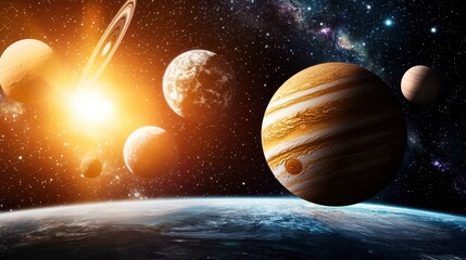 Poster - A stunning cosmic scene featuring a variety of planets, including Jupiter, set against a backdrop of stars and a glowing sun.