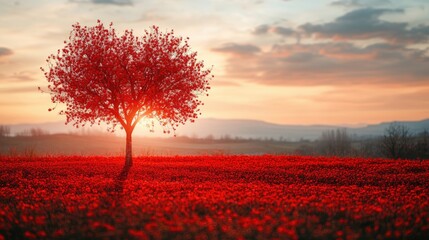 Wall Mural - Sunset, red tree, poppy field, hills, hope