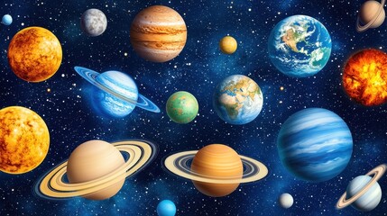 Poster - A vibrant illustration of various planets in space, showcasing their unique colors and features against a starry background.