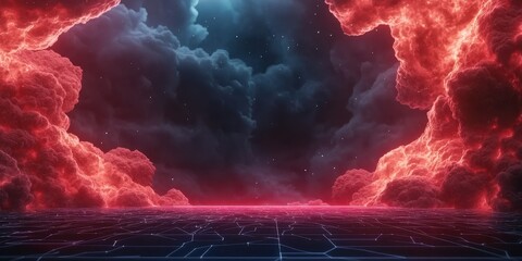 Aufkleber - A vibrant digital landscape featuring glowing red clouds and a dark, grid-like ground, evoking a sci-fi atmosphere filled with depth and energy.