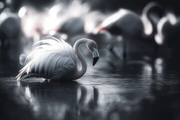 Wall Mural - A solitary flamingo stands gracefully in serene water, its reflection mirrored, surrounded by blurred flock.