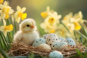 Wall Mural - Little chick sitting in nest with easter eggs and daffodils in spring