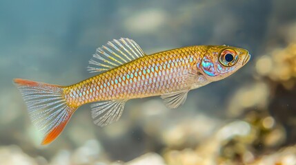 Canvas Print - Underwater close-up of a small, colorful fish with orange fins swimming near rocks.