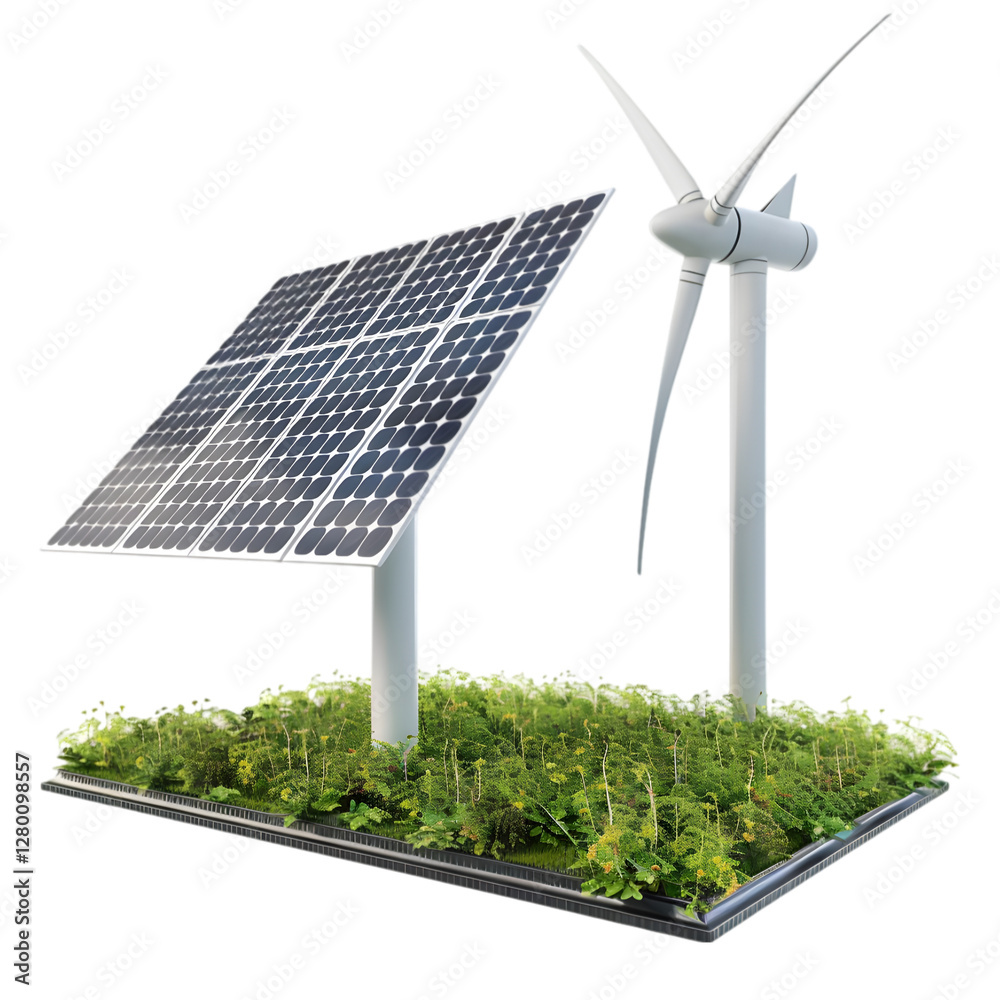 Renewable energy setup featuring solar panels and wind turbine