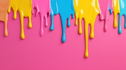 Poster - Vibrant Dripping Paint in Bright Colors on a Pink Background, Creative Abstract Art with Colorful Splashes and a Playful Aesthetic