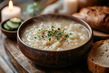 Wall Mural - Steaming french onion soup with parsley and pepper in rustic bowl garnished with sliced cucumbers and bread