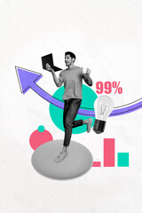 Aufkleber - Trend artwork creative sketch collage of young guy stand hold laptop arrow up idea lamp creative vacancy professional office recruitment