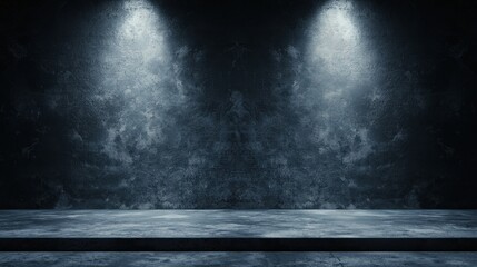 Poster - Dramatic Empty Stage with Dark Textured Walls and Bright Spotlights Casting Shadows in a Mysterious Artistic Setting for Creative Projects