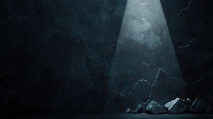 Poster - dimly lit empty space with dark textured wall and pebbles under spotlight creating minimalistic atmo