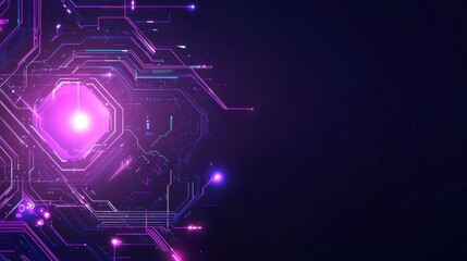 Fototapete - Abstract futuristic technology background with glowing neon circuits and purple lights in a digital landscape suitable for tech and innovation themes
