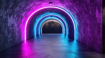 Poster - brightly lit tunnel with neon lights in futuristic atmosphere, vibrant purple and blue accents creat