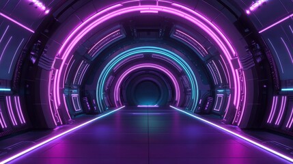 Poster - futuristic tunnel with neon lights and glowing circles in vibrant pink and blue shades for sci-fi th