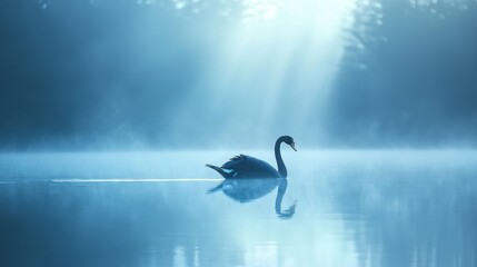 Canvas Print - Serene black swan swimming in misty lake at sunrise.