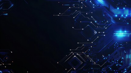Poster - Abstract blue digital pattern with glowing lines, shapes, and technology elements on a dark background, suitable for tech and futuristic themes.