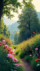 Fototapete - A path through a field of flowers. The flowers are red and pink. The path is lined with trees