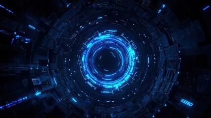 Poster - Futuristic digital tunnel with glowing blue lights and intricate geometric patterns representing advanced technology and innovation in cyberspace