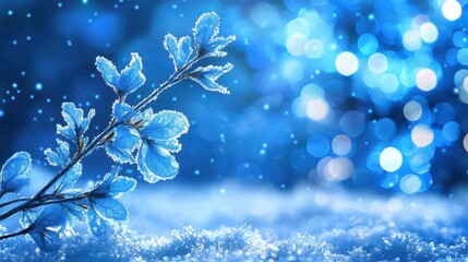 Poster - Frosted Blue Leaves on a Snowy Background with Magical Bokeh Effect in a Winter Wonderland Scene, Evoking a Sense of Serenity and Chill