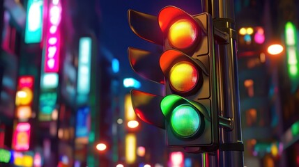 Poster - Night traffic light showing yellow, city backdrop.