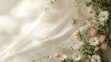 Wall Mural - Soft ivory fabric with delicate floral arrangement.