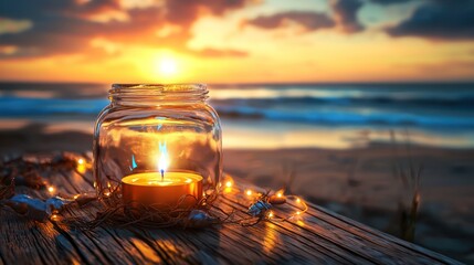 Wall Mural - Sunset beach scene with candle in jar.