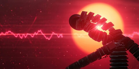 Aufkleber - A futuristic scene featuring a robotic figure silhouetted against a vibrant red sun, with a waveform in the background, symbolizing technology and energy.