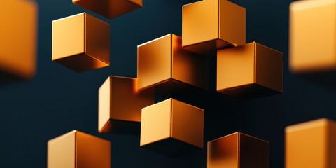 Aufkleber - A dynamic arrangement of golden cubes floating against a dark background, creating a sense of depth and modernity.