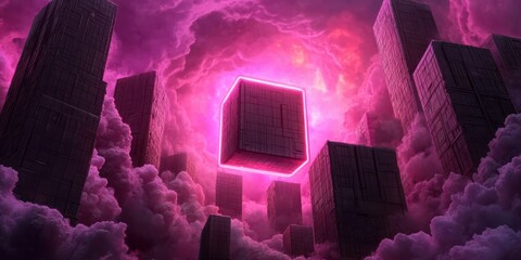 Poster - A surreal scene featuring a large, glowing cube surrounded by dark skyscrapers and vibrant pink clouds, creating a mysterious atmosphere.