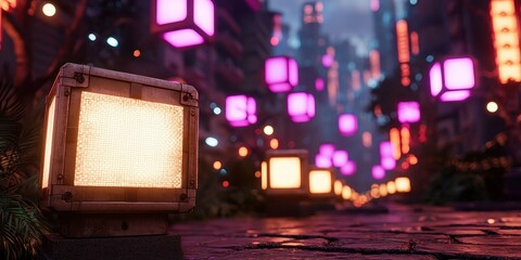 Poster - A vibrant digital street scene illuminated by colorful lanterns, showcasing a futuristic urban environment with glowing cubes along a cobblestone pathway.