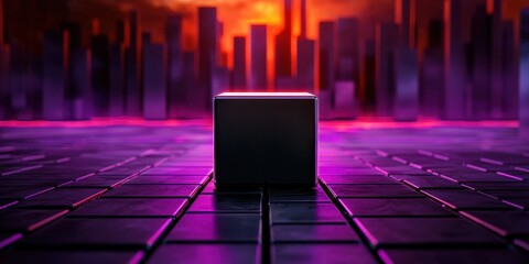 Aufkleber - A glowing cube stands in a futuristic cityscape, illuminated by vibrant purples and reds, creating a dramatic and surreal atmosphere.