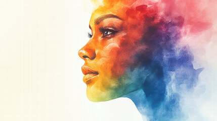 vibrant watercolor splash capturing essence of woman profile, showcasing rich colors and artistic expression. blend of hues creates captivating visual experience