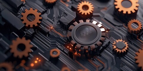 Aufkleber - A close-up view of a circuit board featuring metallic gears and intricate electronic components, highlighting technology and innovation.