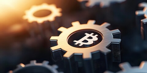 Poster - The image features metallic gears with a Bitcoin symbol, symbolizing the intersection of technology and cryptocurrency.