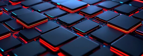 Poster - A close-up view of a textured surface featuring black squares illuminated by red light, creating a modern and dynamic visual effect.