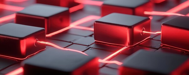 Poster - A close-up view of glowing red blocks connected by luminous lines, creating a futuristic and digital aesthetic.