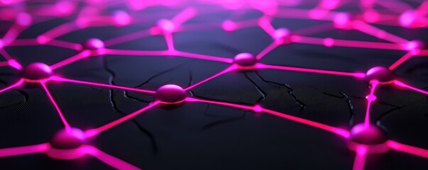 Fototapete - A vibrant network of interconnected nodes and lines, glowing in pink against a dark background, representing connectivity and technology.