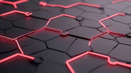 Poster - A close-up view of a textured surface with hexagonal patterns highlighted by glowing red lines, creating a modern and futuristic aesthetic.