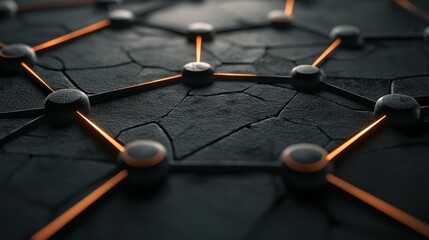 Poster - An intricate network of nodes connected by glowing lines, set against a textured, dark surface, suggesting a digital or technological theme.
