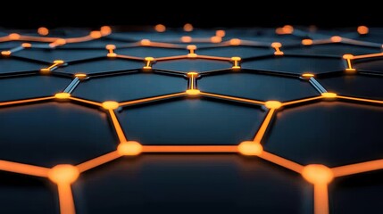 Poster - A modern, abstract depiction of a hexagonal network illuminated with orange nodes against a dark background, illustrating connectivity and technology.