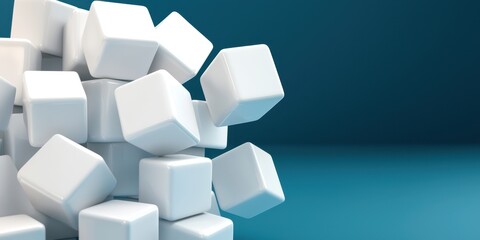 Poster - A cluster of white cubes scattered on a blue surface, showcasing geometric shapes and minimalistic design.