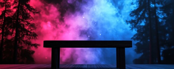 Aufkleber - A wooden bench sits in a misty forest, surrounded by vibrant red and blue fog, creating a surreal and atmospheric scene.