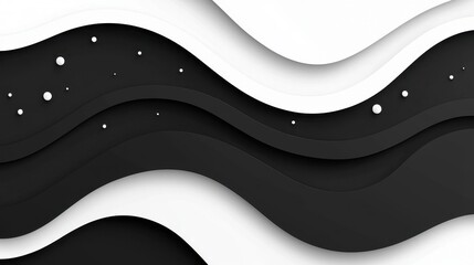 Poster - Abstract Black and White Wave Pattern with Smooth Curves and Floating Dots for Modern Design Applications and Creative Backgrounds