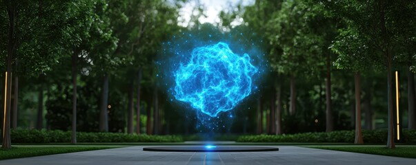 Poster - A glowing blue energy sphere hovers above a platform in a lush, green park, surrounded by trees and natural beauty.