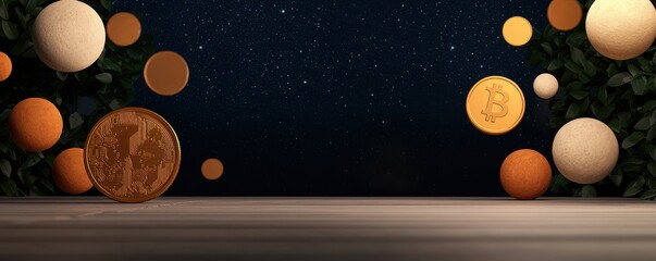 Poster - A digital scene featuring various cryptocurrency coins and spheres floating against a starry background, symbolizing the world of digital finance.