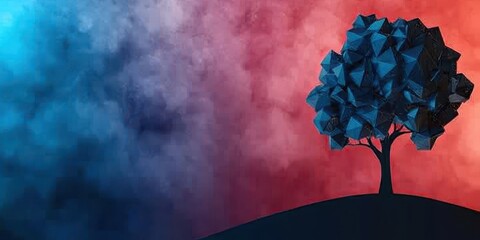 Poster - A stylized tree silhouette stands on a hill against a vibrant, smoky background of blue and red hues, creating a striking contrast.