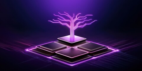 Fototapete - A digital representation of a glowing circuit board with a tree-like structure, embodying themes of technology and growth in a vibrant purple hue.