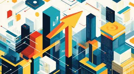 Poster - Abstract cityscape with upward arrows symbolizing growth and innovation in a vibrant setting