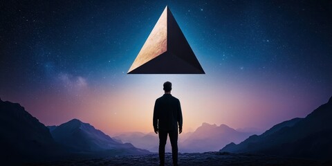Poster - A solitary figure stands beneath a glowing pyramid in a starry sky, surrounded by mountains, evoking a sense of mystery and exploration.